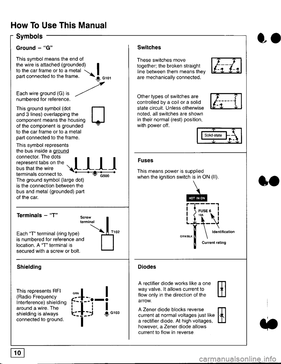 HONDA CIVIC 1998 6.G User Guide How To Use This Manual
Symbols
Ground - "G"
This symbol means the end ol
the wire is attached (grounded) Ito the car frame or to a metal  I
part connected to the frame. \i oro,|
-t
Each wire ground (