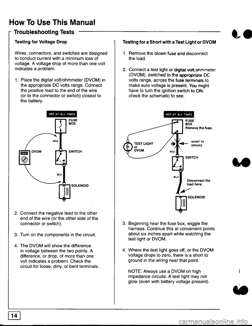 HONDA CIVIC 1998 6.G Workshop Manual How To Use This Manual
Troubleshooting Tests
Testing for Voltage Drop
Wires, connectors, and switches are designed
to conduct current wilh a minimum loss of
voltage. A voltage drop of more than one vo
