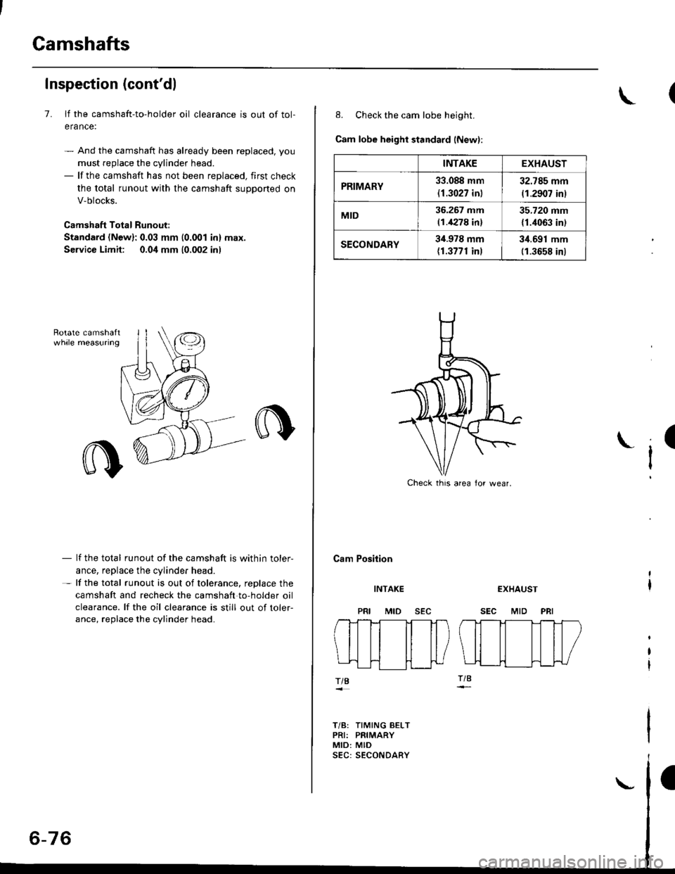 HONDA CIVIC 2000 6.G Workshop Manual Gamshafts
Inspection (contdl
7. lf the camshaft-to-holder oil clearance is out of tol-
erance:
- And the camshaft has already been replaced, you
must replace the cylinder head.- lf the camshaft has n HONDA CIVIC 2000 6.G Workshop Manual Gamshafts
Inspection (contdl
7. lf the camshaft-to-holder oil clearance is out of tol-
erance:
- And the camshaft has already been replaced, you
must replace the cylinder head.- lf the camshaft has n
