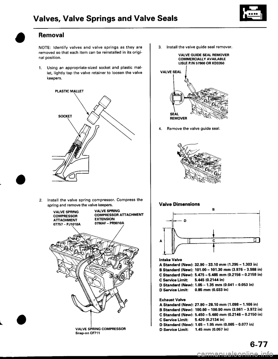 HONDA CIVIC 1998 6.G Workshop Manual Valves, Valve Springs and Valve Seals
Removal
NOTE: ldentify valves and valve springs as they are
removed so that each item can be reinstalled in its origi-
nal Dosition.
l. Using an appropriate-sized HONDA CIVIC 1998 6.G Workshop Manual Valves, Valve Springs and Valve Seals
Removal
NOTE: ldentify valves and valve springs as they are
removed so that each item can be reinstalled in its origi-
nal Dosition.
l. Using an appropriate-sized
