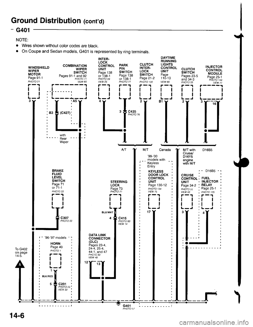 HONDA CIVIC 1997 6.G Service Manual Ground Distributioh (conrd)
)
- G401
NOTE:
To G402on page14-5.
WINOSHIELOWIPERMOTORPage 91-1
DAYTIMERUNNINGLIGHTS
99.!rRoL cLUrcHuNr I swtTcH:?99^ Pases 23-5and 34-3vtEw 66 PHA|A 55
I
I
INJECTORCONTRO