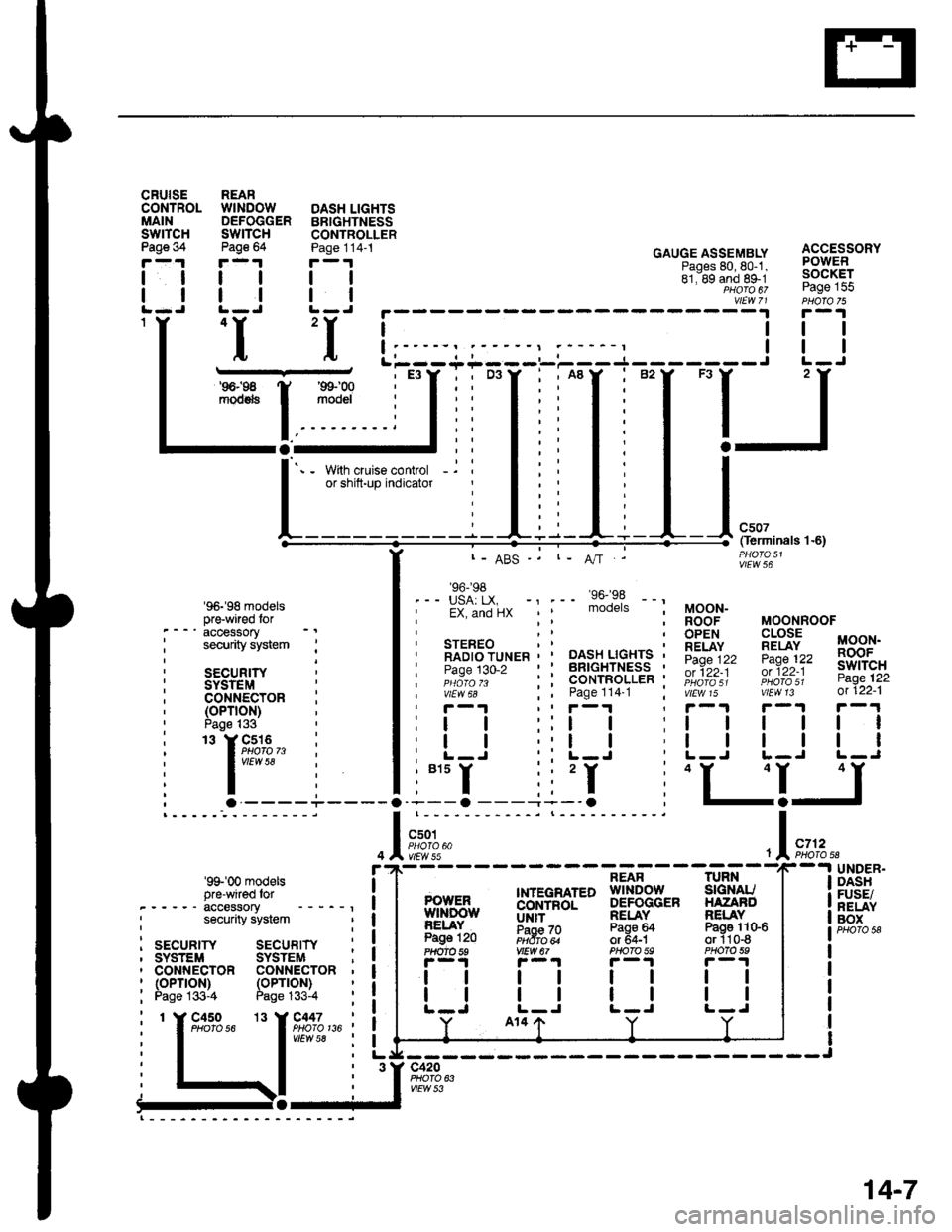 HONDA CIVIC 2000 6.G Owners Manual cRutsECONTROLMAINswrTcHPage 34
tl
ll
1Y
. - - accessory
: security system :
i secun,rY ;
: SYSTEMi coNNEcroR : (oPTroN) Page |33
: . rg;3,, :, I vrfl,v 58
ili; . ----+
REARWINDOW DASH LIGHTSDEFOG