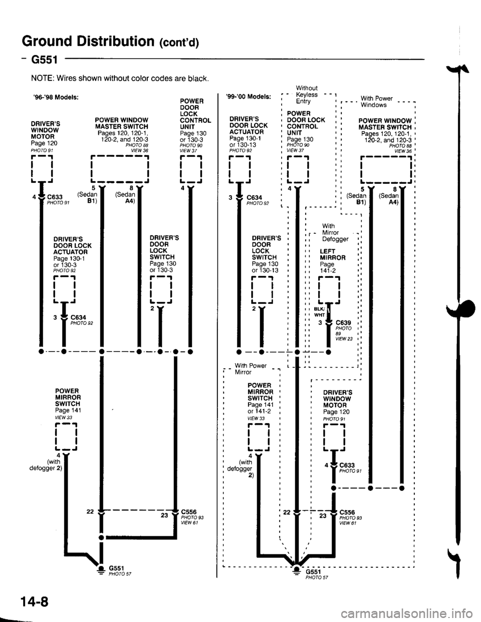 HONDA CIVIC 1997 6.G Workshop Manual Ground Distribution (contd)
1
- G551
Page
I
I
96-98 Models:
DRIVERSwtNDowMOTOR
NOTE: Wires shown without color codes are black.
4
12091
I
I
c633
oRrvERsDOOR LOCKACTUATORPage 130-1or 130-3
tl
tl
: HONDA CIVIC 1997 6.G Workshop Manual Ground Distribution (contd)
1
- G551
Page
I
I
96-98 Models:
DRIVERSwtNDowMOTOR
NOTE: Wires shown without color codes are black.
4
12091
I
I
c633
oRrvERsDOOR LOCKACTUATORPage 130-1or 130-3
tl
tl
:
