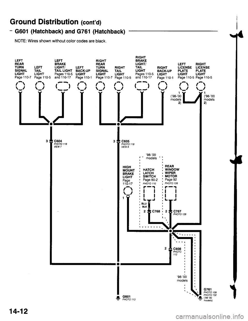 HONDA CIVIC 1996 6.G Owners Manual Ground Distribution (contd)
- G601 (Hatchback) and G761 (Hatchback)
NOTE: Wires shown without color codes are black.
LEFTREARTURNSIGNALLIGHTPage 110-7
LEFTTAILLIGHTPage 110-5
LEFTERAKELIGHT/TAIL LIGH