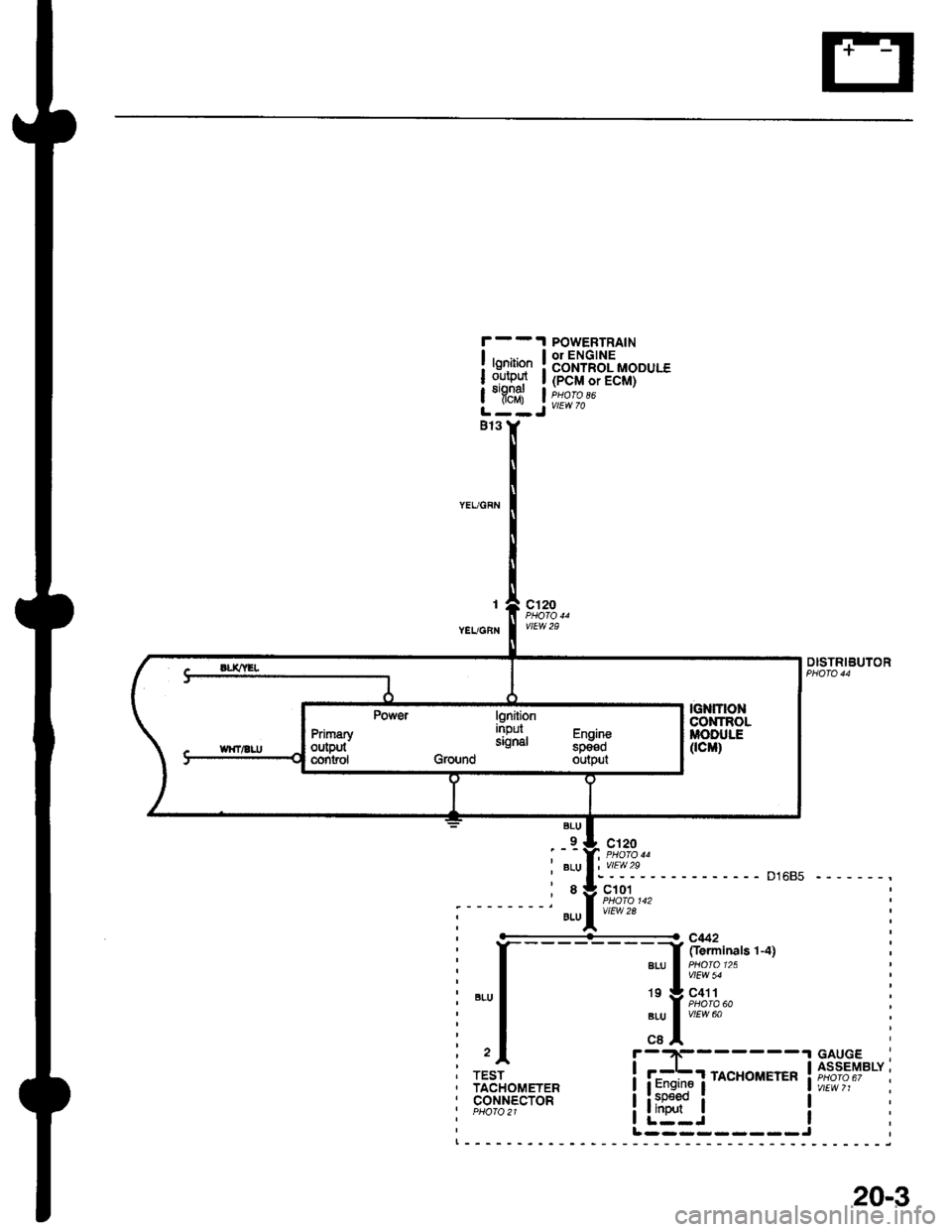 HONDA CIVIC 1996 6.G Workshop Manual POWEBTRAINor ENGINECONTROL MODULE(PCM or ECM)
vtEw 70
lgnitionoulputsignatflcM)
I
YEUGBN
c120
vtEw 29
DISTRIBUTOR
D1685 -------,
BLU
_9-
BLU
8
9LU
:!\?- - -
c101
vtEw 2a
----------<- c442
I frermin