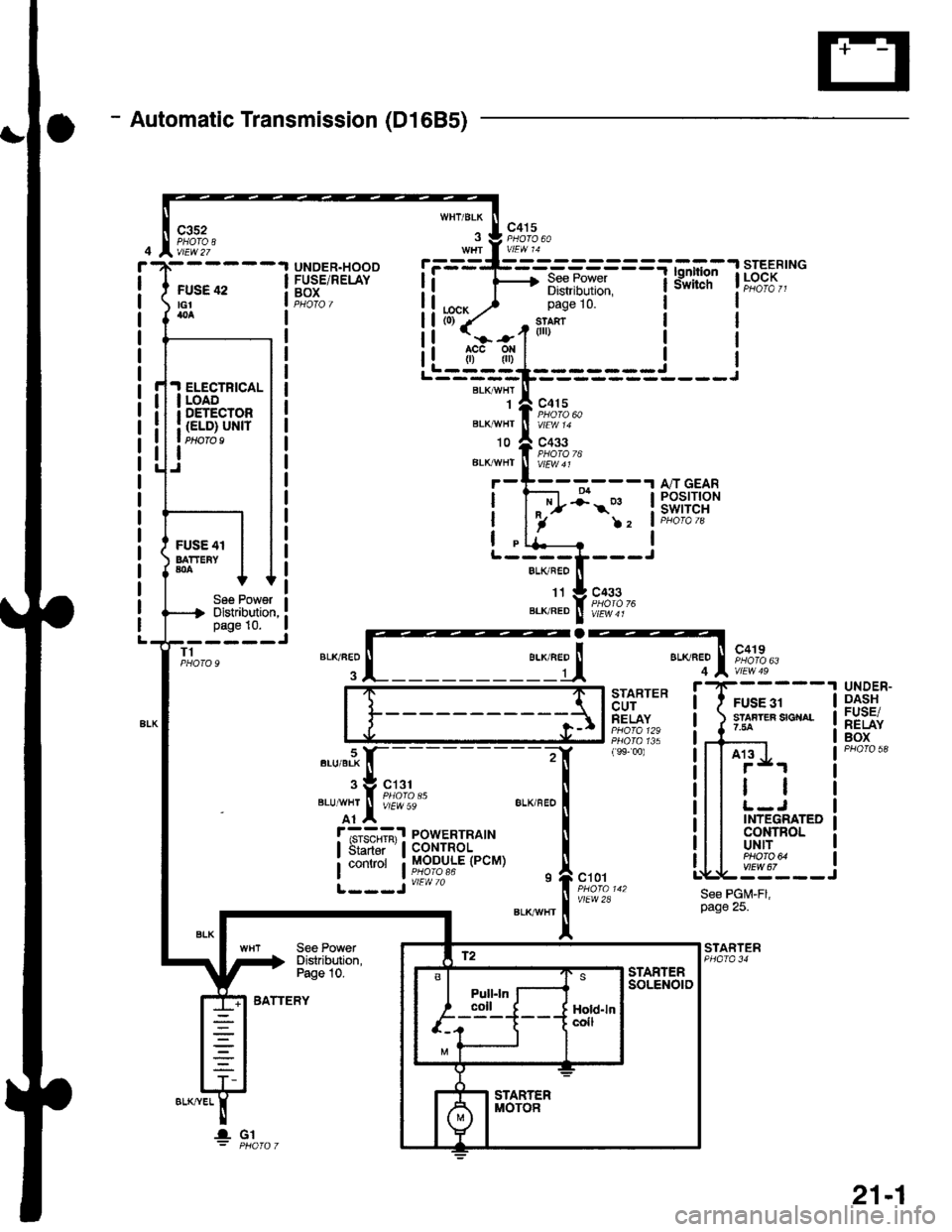 HONDA CIVIC 2000 6.G Workshop Manual - Automatic Transmission (D1685)
c352
vtEw27
FUSE 42tGtao
.I ELECTRICALI LOADr DETECIOn
| (ELD) uNtrI PHOTO 9
I
UNDER.HOOOFUSE/RELAYBOX
r=-----L-_-_-_-_-_-=_-_-Tl.*1"","1#"Ei]""
li F 3,"j,[,ul
WHT/BL