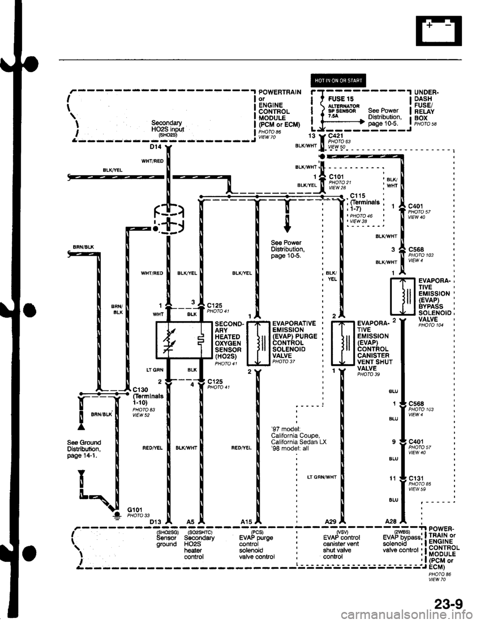 HONDA CIVIC 1999 6.G Owners Manual POWERTRAIN TFUSE 15AtTEii|AtOf, ^ -aPsE|{aon see Fowert5a ^ Distribution,99coldary---]-l-"jt=-.iHO2S iinBt
E*o,*. !CONTROL IMODULE I(PCMoTECM) :i,l,llouu riI
\T,T]KDT4
WHT/NEDBLKAVHT
1
T
t
WHI/FED
I