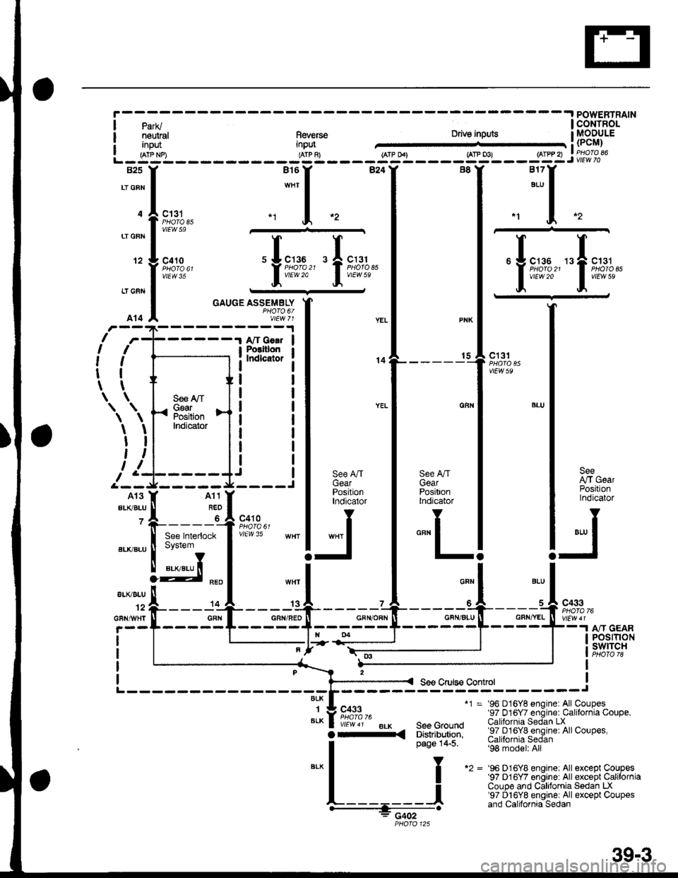 HONDA CIVIC 1998 6.G Workshop Manual 85[ru*,, l*u,*
wiz-"ln*"
-a
I
le
.il
c131
vtEW 59
----sgr
c410
vlEw 35
LT GFN
12
LT GFN
-----1 A/T GOrr
GAUGE ASSEMBLYPHOTO 6/vlEw 71
I Posttlon
i Indlcator
I
I
I
I
I
I
IJ
14
\
I
I
II
A
I
I
I
I\
\
1
