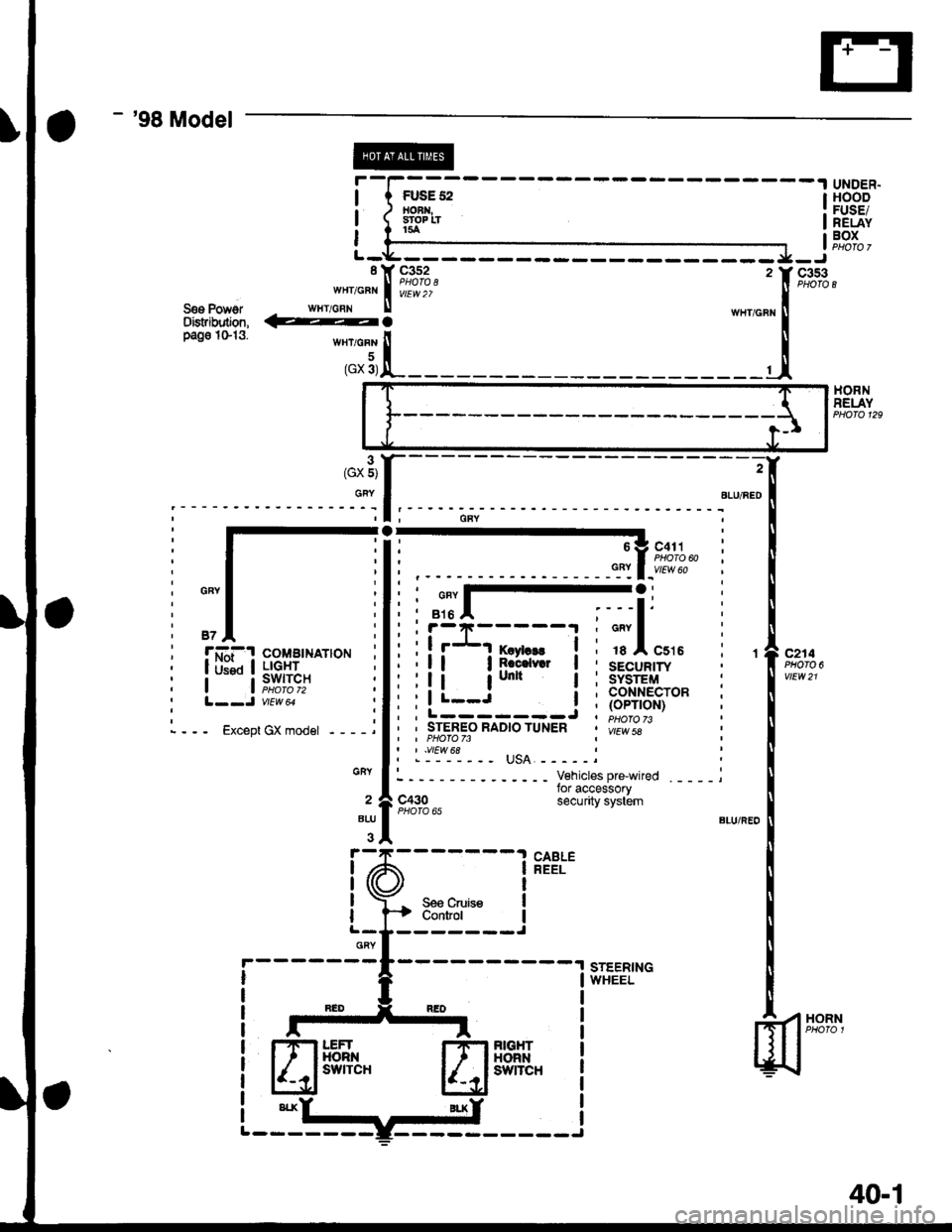 HONDA CIVIC 1998 6.G Workshop Manual - 98 Model
FUSE 52floFft,sroP tT154
UNDER.HOODFUSE/RELAYBOX
THI
I
I
I
c353I Y C3s2
"",o"n I il?lo,wHT/cFN U
@.S€o PowslDisfibdion,page 1013.
HORNRELAY
o
GFY
87
:l;l
:ll
!Gi-! c.oMBrNAroN
I UIi