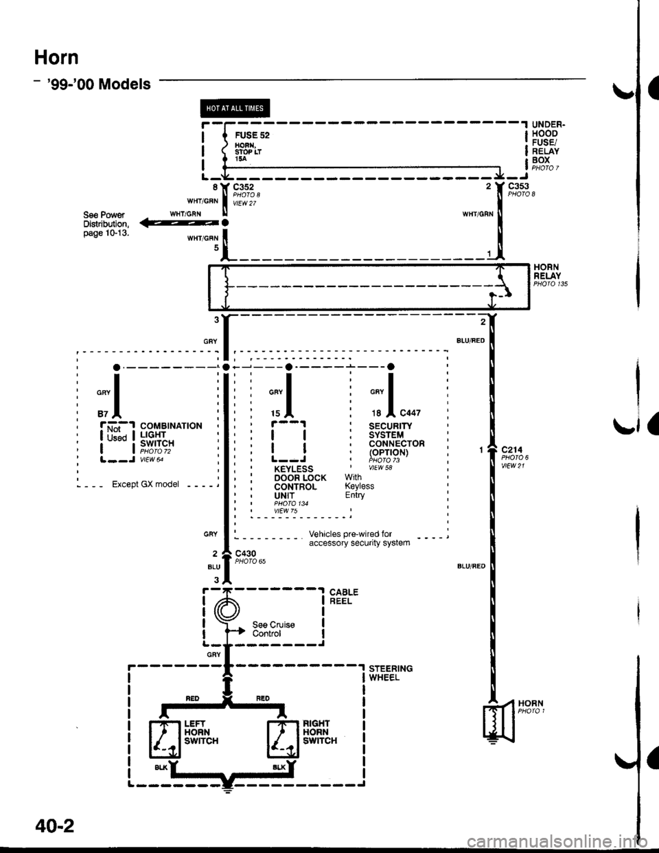 HONDA CIVIC 1997 6.G Repair Manual Horn
- 99-00 Models
FUSE 52HORI,SfOP LTt5a
UNDER.HOODFUSE/RELAYBOX
HORNRELAY
2
BIU/FED
Ior
GRY
.,1 ,
J---a-----r---O
i ;l i ;,1..., r--1 : SECUR|TY:ll:sYsrEM,ia,coNNEcroR ! ! (oPrloN), L--J , i!,o