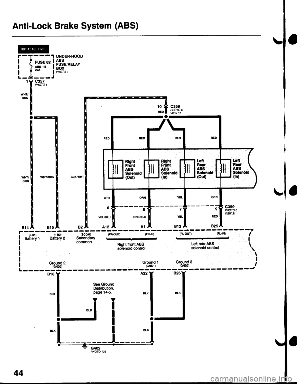 HONDA CIVIC 1996 6.G Workshop Manual Anti-Lock Brake System (ABS)
UNDER.HOOD
H."" ii[*:*"
1
GFN
c357PHOTO 4
c359PHO|O 610
BEO
Grqlnd 2{GX!2)
l"l Fi* :l :l
!Ji I-J
.-L-----
i il
TPHOIO 125
44 HONDA CIVIC 1996 6.G Workshop Manual Anti-Lock Brake System (ABS)
UNDER.HOOD
H."" ii[*:*"
1
GFN
c357PHOTO 4
c359PHO|O 610
BEO
Grqlnd 2{GX!2)
l"l Fi* :l :l
!Ji I-J
.-L-----
i il
TPHOIO 125
44