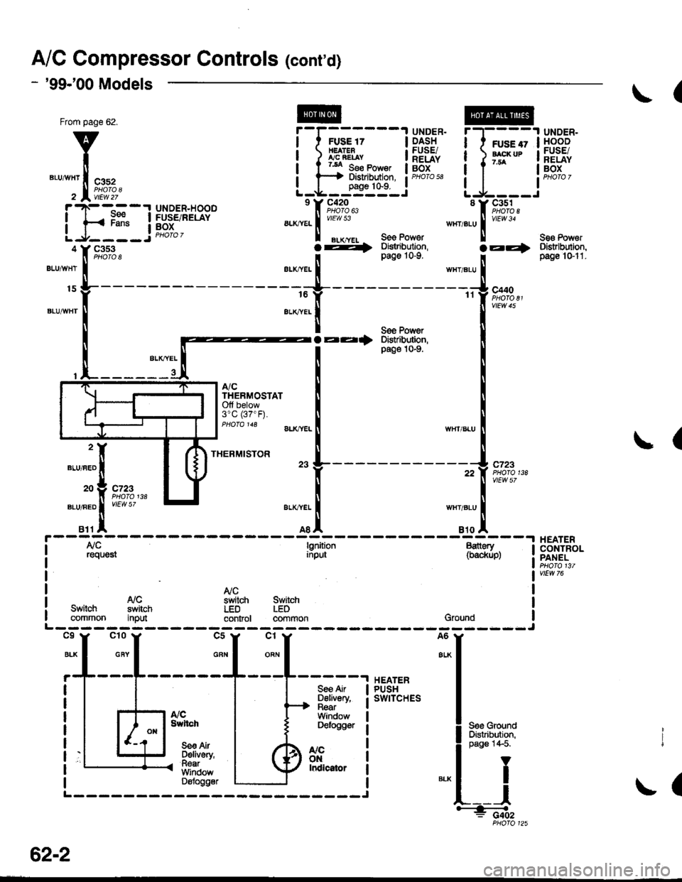 HONDA CIVIC 1998 6.G Workshop Manual AiC Compressor Gontrols (contd)
- 99-00 Models
From page 62.
v
I*"-ilii.,"r,
ihtli4
BLUAVHT
15
6LUAVHT
UNDER.HOODFUSE/RELAYBOX
Seg Pow6rDistrlbutiofl,pag€ l Gl1-c353PHO|O 8
l[,,*
;.!, """
,c,/