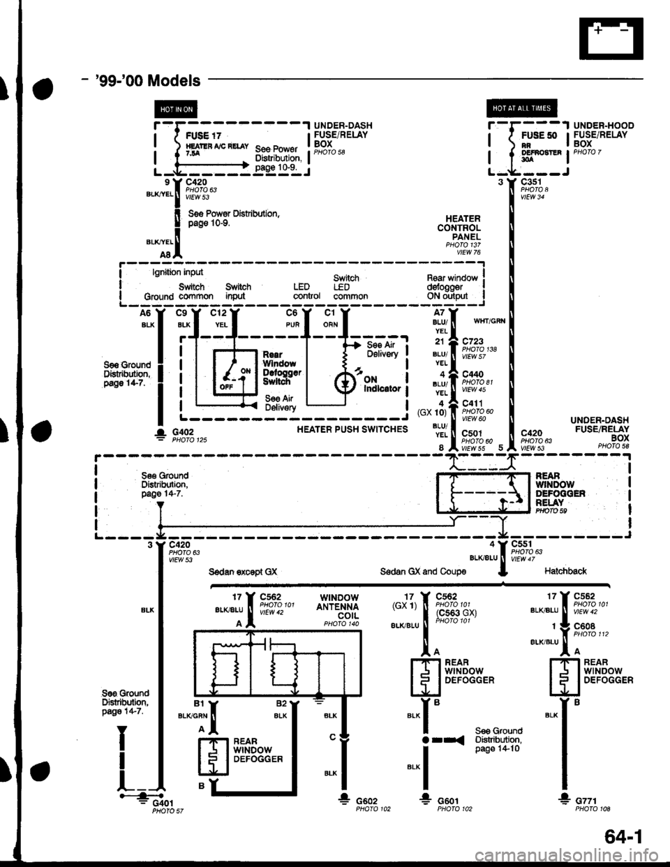 HONDA CIVIC 1996 6.G Workshop Manual - 99-00Models
t@
J
See Power0istribution,pag€ 1&9.
r
I
I
Lc420
vtEw 53".*:.f
!
"T.I
FUSE 7HEJTEF AIC RETAY7JA
UNDER-DASHFUSE/RELAYBOXPHOfO 58
r-r---1 UNDER-HOOD
| ( #tt* IFUsE/RELAY
I t sl*t- 