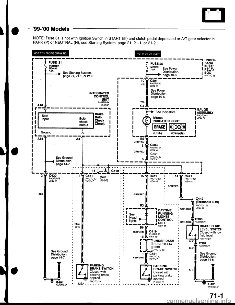 HONDA CIVIC 2000 6.G Owners Manual - 99-00 Models
NOTE: Fuse 31 isJtot with lgnition Switch in START (lll) and clutch pedal depressed or A,,/T gear selector inPARK (P) or NEUTRAL (N), see Starting System, page 21 ,2i-1, ot 21-2.
UNDE