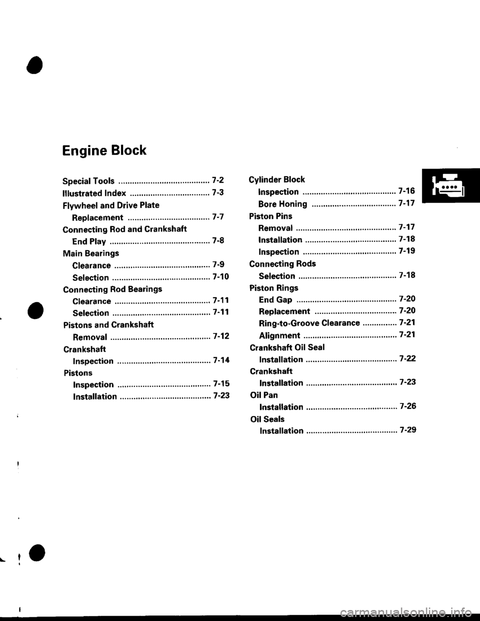 HONDA CIVIC 2000 6.G Service Manual Engine Block
Speciaf Tools ..........." 7-2
lllustlated Index ...................."............ 7-3
Flywheel and Drive Plate
Repf acement """. 7-7
Connecting Rod and Crankshaft
End Play ...........