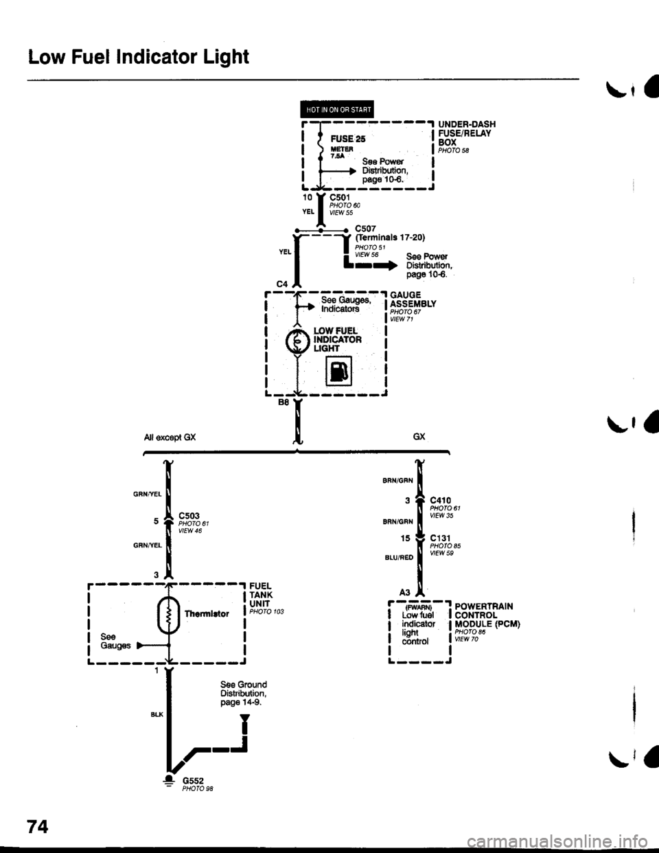 HONDA CIVIC 1996 6.G Workshop Manual Low Fuel Indicator Light

l
t
I
I
I
IJ
pag6 106.
, 
-ls,T,*-*:lligff*,
l,;l:l?,
A3A
!-{ilril}-1 PowERTRAtNI Lowtuel I CONTROL
I i$grtor I MoD]LE (pcM)
i 
S i18l7"*
UNDER.DASHFUSE/RELAYBOXPHOTO 5