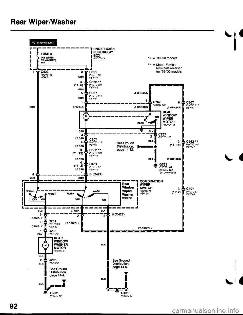 HONDA CIVIC 1996 6.G Workshop Manual Rear WiperMasher
l
1r
F
I
I
I
I
3(1:2)
t:
!l
iL
BLU
6GFN/BLK
4GFN/BIK
1FEO
FUSE 3(RR WPENRn waaHERl
c423 8PHOfO 58vtEw 3
GRN
1
Gf,N/BLK
GRIi3LT GFN
4LT GRN
(t1: 13)
LTGFN4(*1: 3)LT GAN
t
9i:;"* Lr.