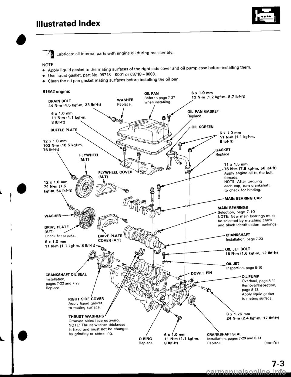 HONDA CIVIC 2000 6.G Service Manual lllustrated Index
I runricate att internal parts with engine oil during reassembly
NOTE:
o Apply liquid gaskettothe mating surfaces ofthe right side cover and oil pumpcase before installingthem
. Us