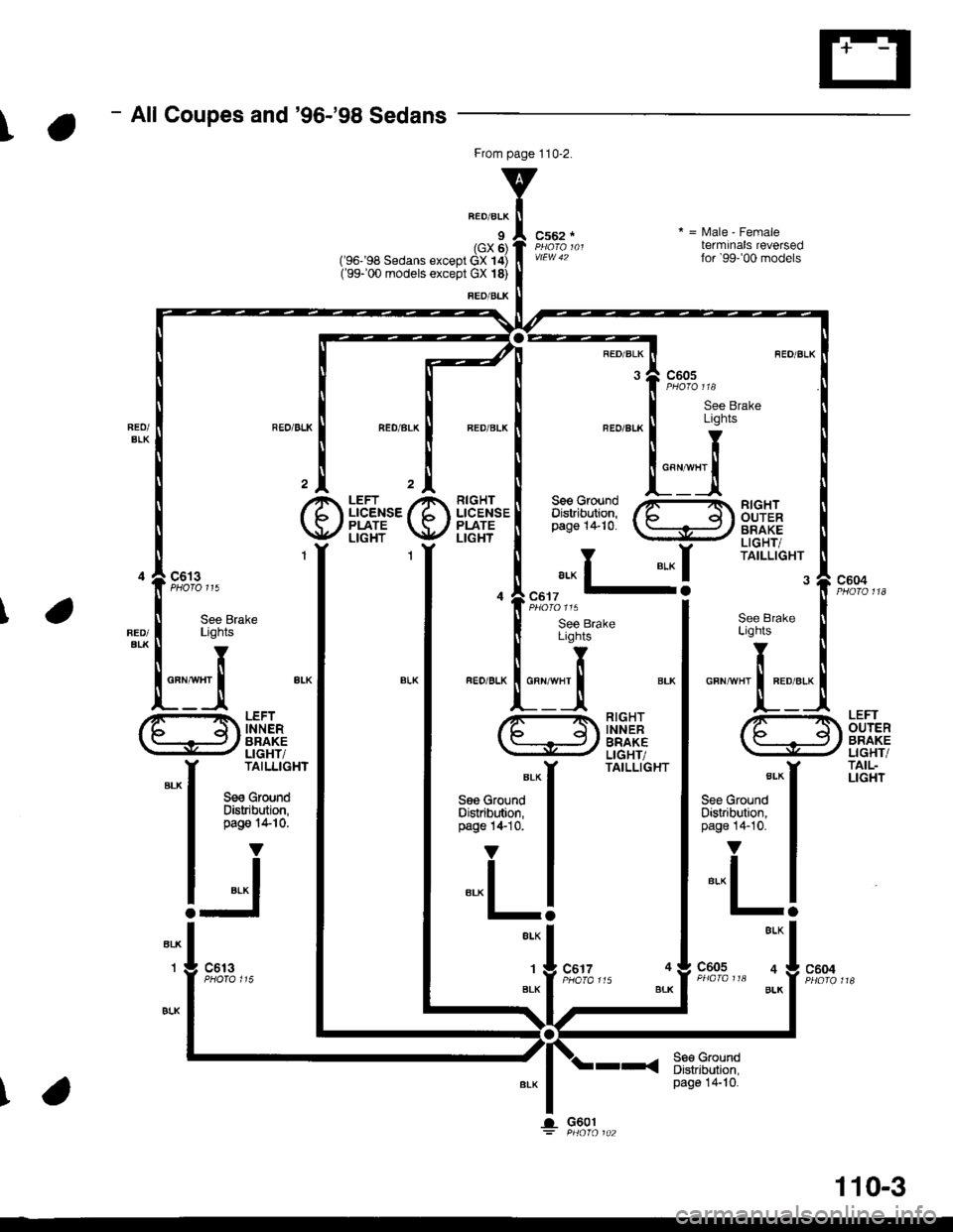 HONDA CIVIC 1996 6.G User Guide \
- All Coupes and96-98 Sedans
1so�sa s"o"n" "*cept 491!](99-00 models except GX l8)
*=Male-Female
terminals reversedfor99-00 models
RED/BLK
c605
RIGHTLICENSEPLATELIGHT
2^
@
LEFTLICENSEPLATELI