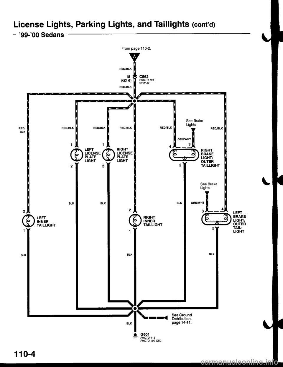 HONDA CIVIC 1996 6.G Workshop Manual License Lights, Parking Lights, and Taillights (contd)
From page 110-2.
CBtl^lvl{t
3
- 99-00 Sedans
c562
vtEw 42
FEO/BLK
18(GX 5)
REO/BLK
See BrakeLights
RIGHTBRAKELIGHT/OUTERTAILLIGHT
RIGHTLICENSE