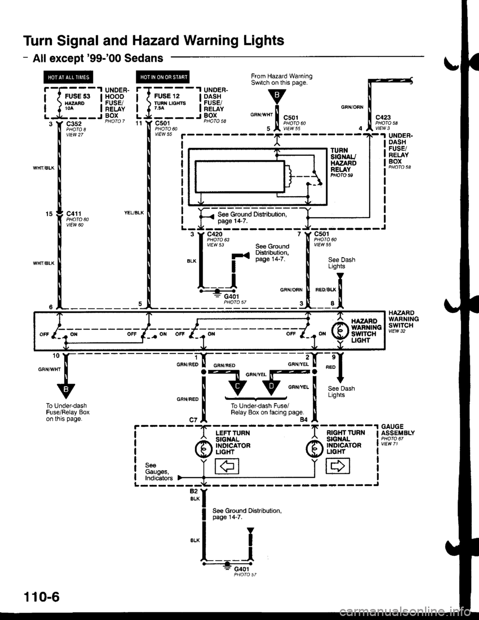 HONDA CIVIC 1996 6.G Workshop Manual Turn Signal and Hazard Warning Lights
- All except99-00 Sedans
c411PHOTO 60vlEw 60
15
5
see uLights
T*x ll
_1
55
L
tBlFED/BLX
I
c501
vtEw 5!
IL
FED/B
Dash
UNDER.OASHFUSE/BELAYBOX
HAZARDWARNINGswtTcH