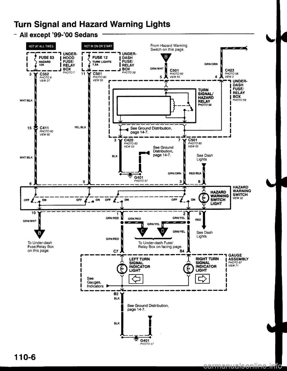 HONDA CIVIC 2000 6.G Workshop Manual Turn Signal and Hazard Warning Lights
- All except99-00 Sedans
c411PHOTO 60vlEw 60
15
5
see uLights
T*x ll
_1
55
L
tBlFED/BLX
I
c501
vtEw 5!
IL
FED/B
Dash
UNDER.OASHFUSE/BELAYBOX
HAZARDWARNINGswtTcH