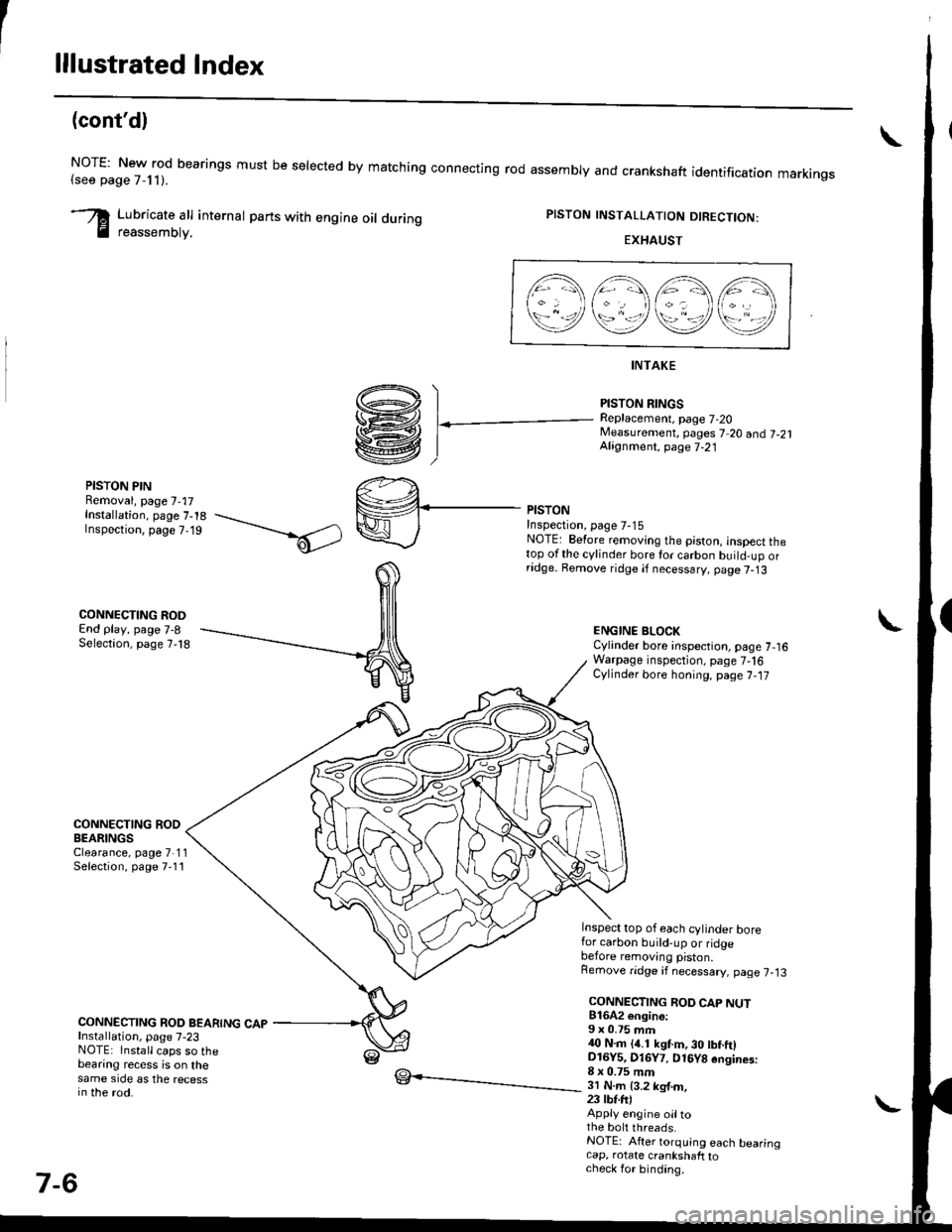 HONDA CIVIC 1996 6.G Owners Guide lllustrated Index
(contd)
NOTE: New rod bearings must be selected by matching connecting rod assembly and crankshaft(see page 7,11).identification markings
Lubricate all internal parts with engine oi