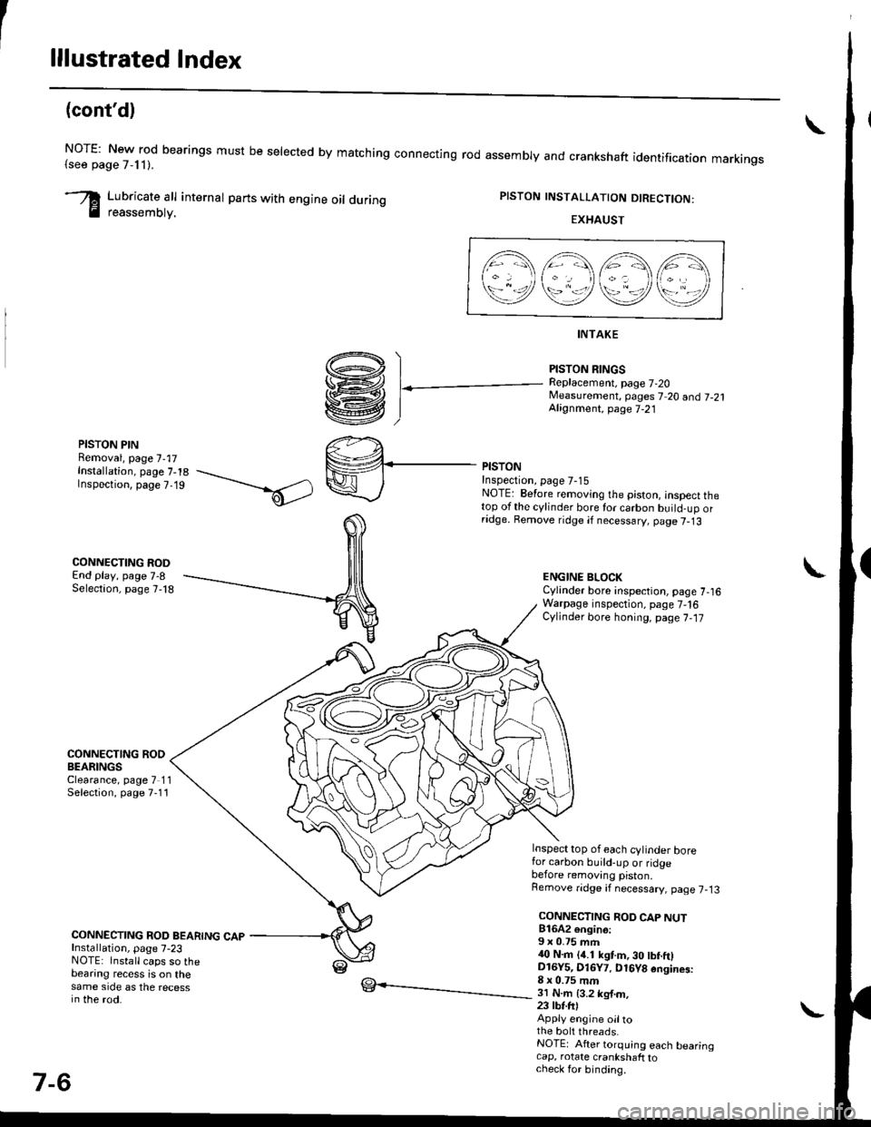 HONDA CIVIC 1998 6.G Service Manual lllustrated Index
(contd)
NOTE: New rod bearings must be selected by matching connecting rod assembly and crankshaft(see page 7,11).identification markings
Lubricate all internal parts with engine oi HONDA CIVIC 1998 6.G Service Manual lllustrated Index
(contd)
NOTE: New rod bearings must be selected by matching connecting rod assembly and crankshaft(see page 7,11).identification markings
Lubricate all internal parts with engine oi
