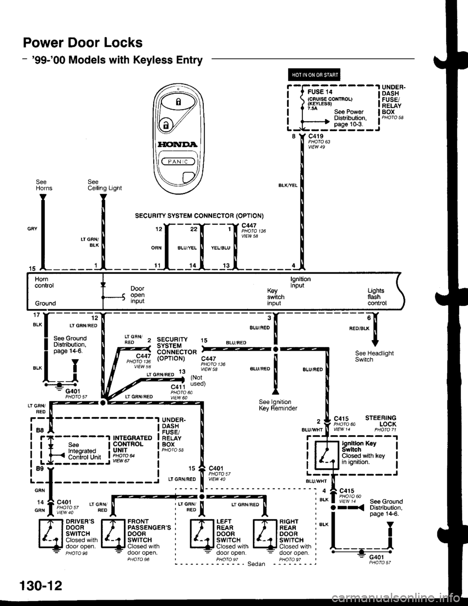 HONDA CIVIC 2000 6.G Owners Guide Power Door Locks
- 99-00 Models with Keyless Entry
@
i-f?G;.-----l
i ?f*""t:::", i
L-,H-i{*q-J
UNDER-DASHFUSE/RELAYBOX
8 Y C419
vtEW49
SeeHOrns
15
Horncontrol
Grgund
lgnltioninputDooropeninput
K€y