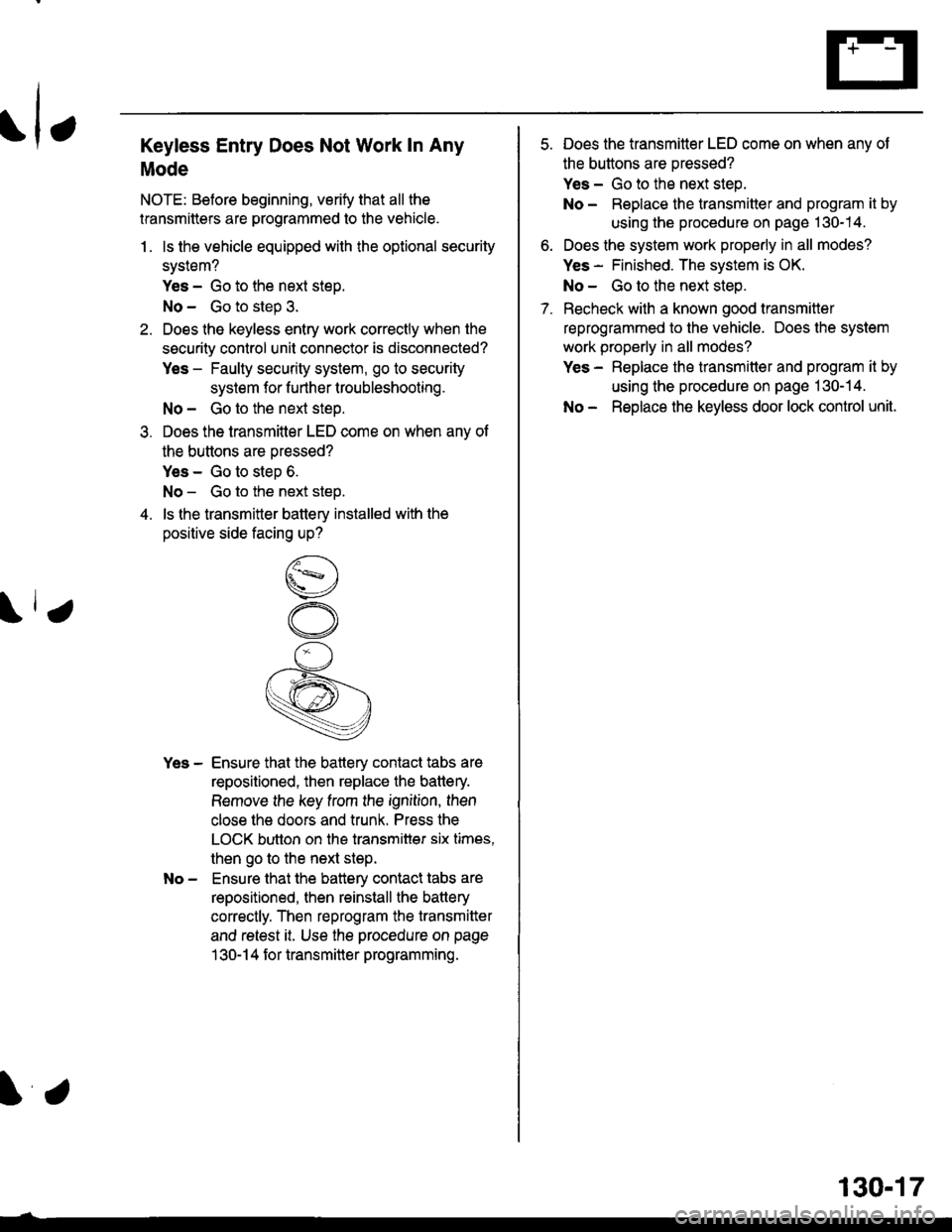 HONDA CIVIC 2000 6.G Manual PDF rl,
;
Keyless Entry Does Not Work ln Any
Mode
NOTE: Before beginning, verify that all the
transmitters are programmed to the vehicle.
1. ls the vehicle equipped with the optional security
system?
Yes HONDA CIVIC 2000 6.G Manual PDF rl,
;
Keyless Entry Does Not Work ln Any
Mode
NOTE: Before beginning, verify that all the
transmitters are programmed to the vehicle.
1. ls the vehicle equipped with the optional security
system?
Yes