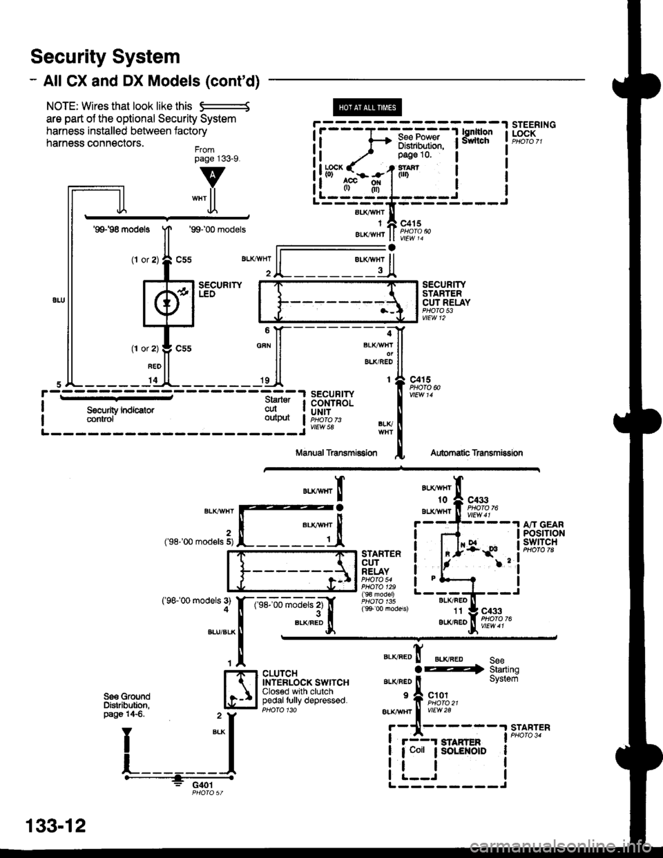 HONDA CIVIC 1998 6.G Workshop Manual Security System
- All CX and DX Models (contd)
NOTE: Wires that look like this S--------S
are part ol the optional Security System
harness installed between lactory
harness connectors.Frompage j33_9. HONDA CIVIC 1998 6.G Workshop Manual Security System
- All CX and DX Models (contd)
NOTE: Wires that look like this S--------S
are part ol the optional Security System
harness installed between lactory
harness connectors.Frompage j33_9.