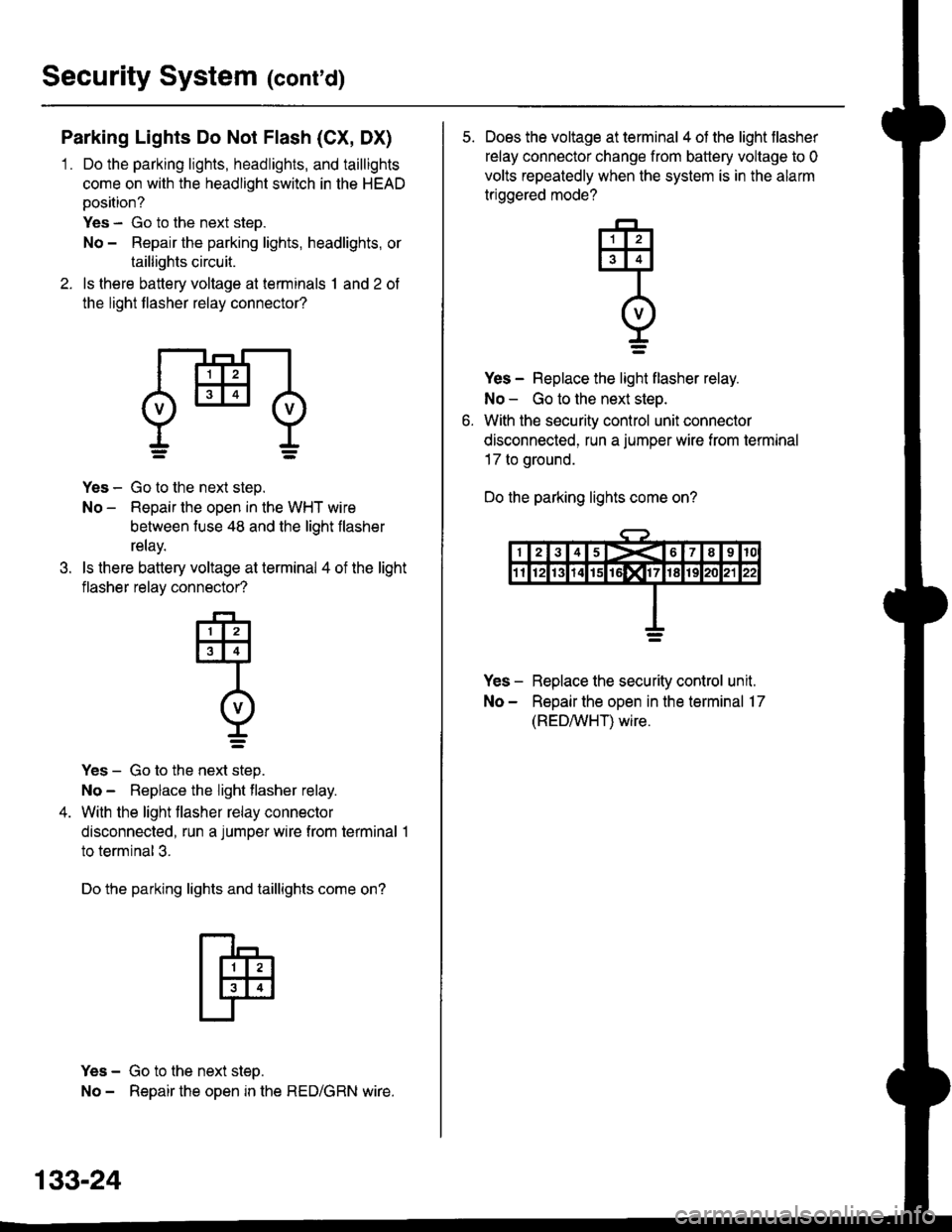 HONDA CIVIC 1998 6.G Workshop Manual Security System (conrd)
Parking Lights Do Not Flash (CX, DX)
1 . Do the parking lights, headlights, and taillights
come on with the headlight switch in the HEAD
position?
Yes - Go to the next step.
No HONDA CIVIC 1998 6.G Workshop Manual Security System (conrd)
Parking Lights Do Not Flash (CX, DX)
1 . Do the parking lights, headlights, and taillights
come on with the headlight switch in the HEAD
position?
Yes - Go to the next step.
No