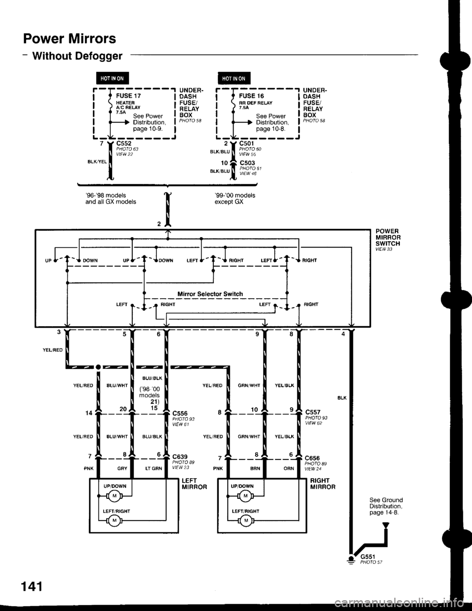 HONDA CIVIC 1996 6.G Workshop Manual Power Mirrors
- Without Defogger
r,-;;---j HEAIEF 1/ A/C FEIAY
I t uo s"" Po*", !f-----f Distribution, I
L_i:i:_J
UNDER-DASH
RELAYBOX
UNDER-OASHFUSE/RELAYBOX
I
I
I
I
I
BLK/BLU
10
BLK/BLU
-l
I
I
I
I
IJ