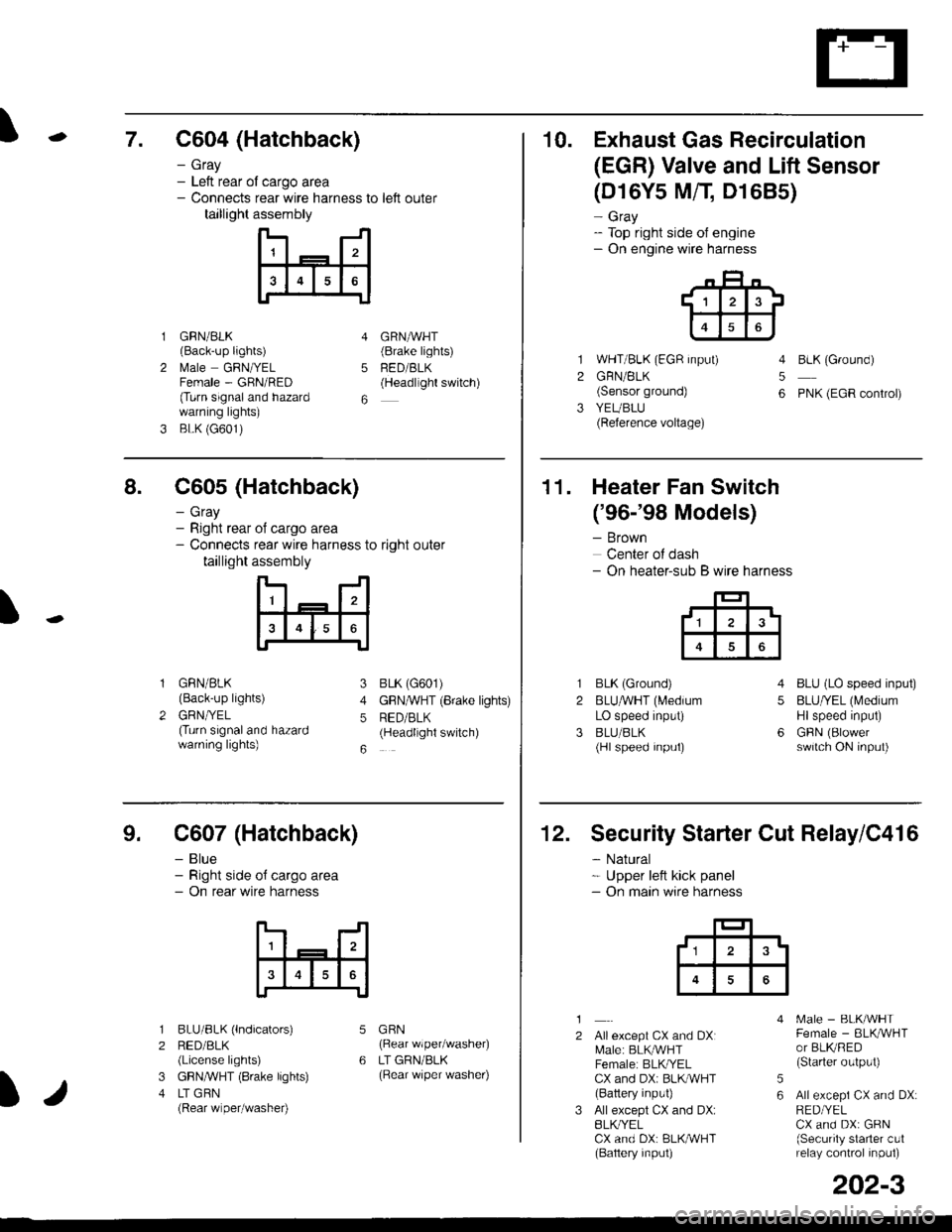 HONDA CIVIC 2000 6.G Workshop Manual \7. C604 (Hatchback)
GRN/BLK(Back-up lights)
l\4ale GRNIYELFemale - GRN/RED(Turn signaland hazardwarning lights)
BLK (G601)
- Gray- Left rear ol cargo area- Connects rear wire harness to left outer
ta HONDA CIVIC 2000 6.G Workshop Manual \7. C604 (Hatchback)
GRN/BLK(Back-up lights)
l\4ale GRNIYELFemale - GRN/RED(Turn signaland hazardwarning lights)
BLK (G601)
- Gray- Left rear ol cargo area- Connects rear wire harness to left outer
ta