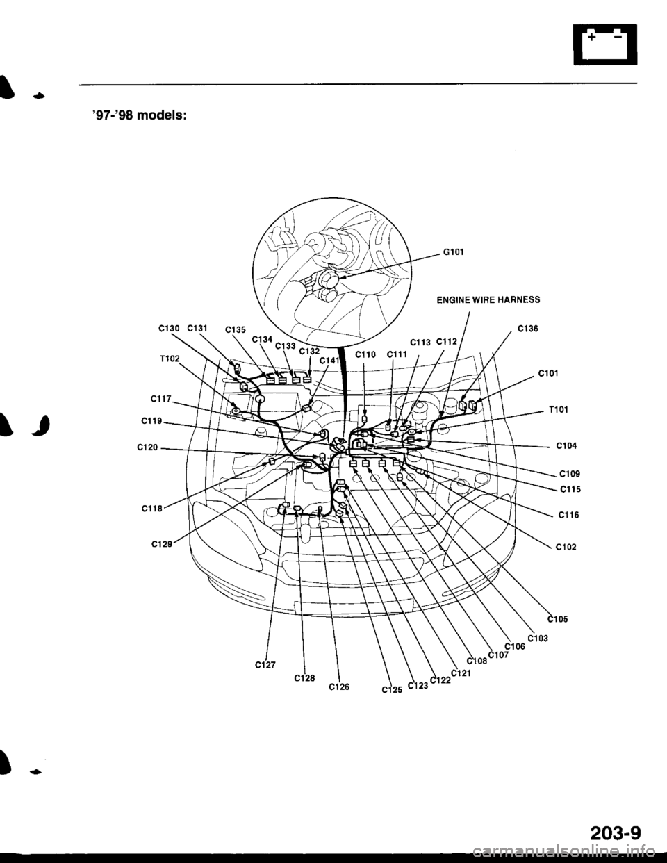 HONDA CIVIC 1996 6.G Workshop Manual 97-98 models:
cl30 cl3l
T1
c117
c119
c120
lqii
ENGINE WIRE HARNESS
cl2122
c101
	
T10l
c104
c102
cl09
c11s
clt6
203-9 