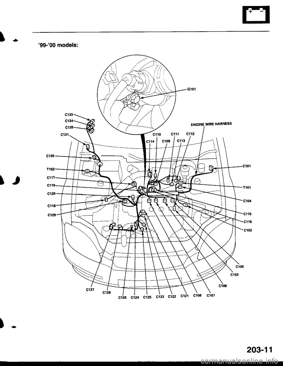 HONDA CIVIC 1998 6.G Workshop Manual I99-00 models:
cl17
cr
WIRE HARNCSS
II
cr10c111 c112
ct 14c113
1101
c10a
15
c102
ciz, cizs cizs cizz c121 c1o8 c1o7
203-11 HONDA CIVIC 1998 6.G Workshop Manual I99-00 models:
cl17
cr
WIRE HARNCSS
II
cr10c111 c112
ct 14c113
1101
c10a
15
c102
ciz, cizs cizs cizz c121 c1o8 c1o7
203-11