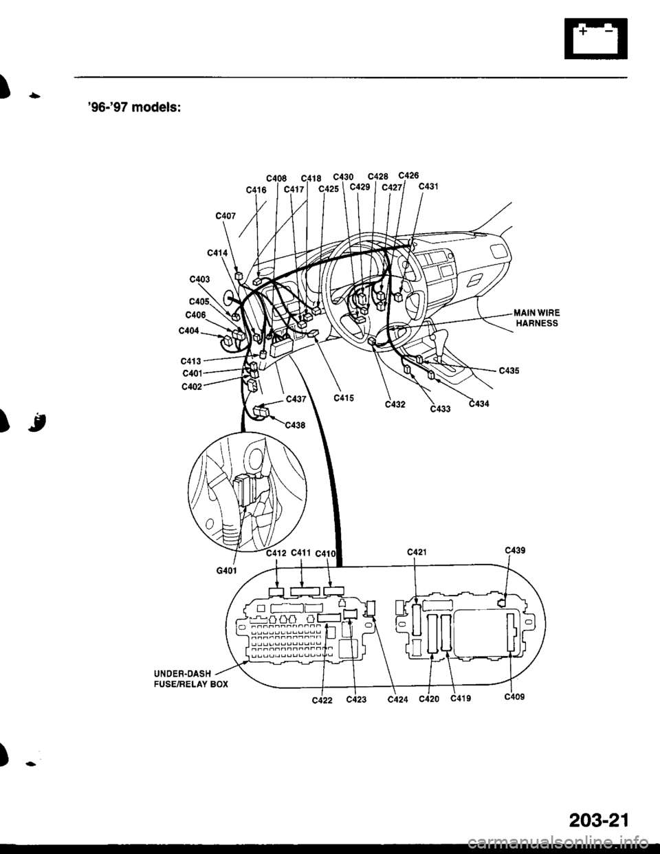 HONDA CIVIC 1998 6.G Workshop Manual -96-97 models:
0 C428 C426
C429 I C4271 C4318Cc425
i,lAlN WIREHARNESS
t
UNDER.OASHFUSE/RELAY BOX
c421
c424 c420
203-21 HONDA CIVIC 1998 6.G Workshop Manual -96-97 models:
0 C428 C426
C429 I C4271 C4318Cc425
i,lAlN WIREHARNESS
t
UNDER.OASHFUSE/RELAY BOX
c421
c424 c420
203-21