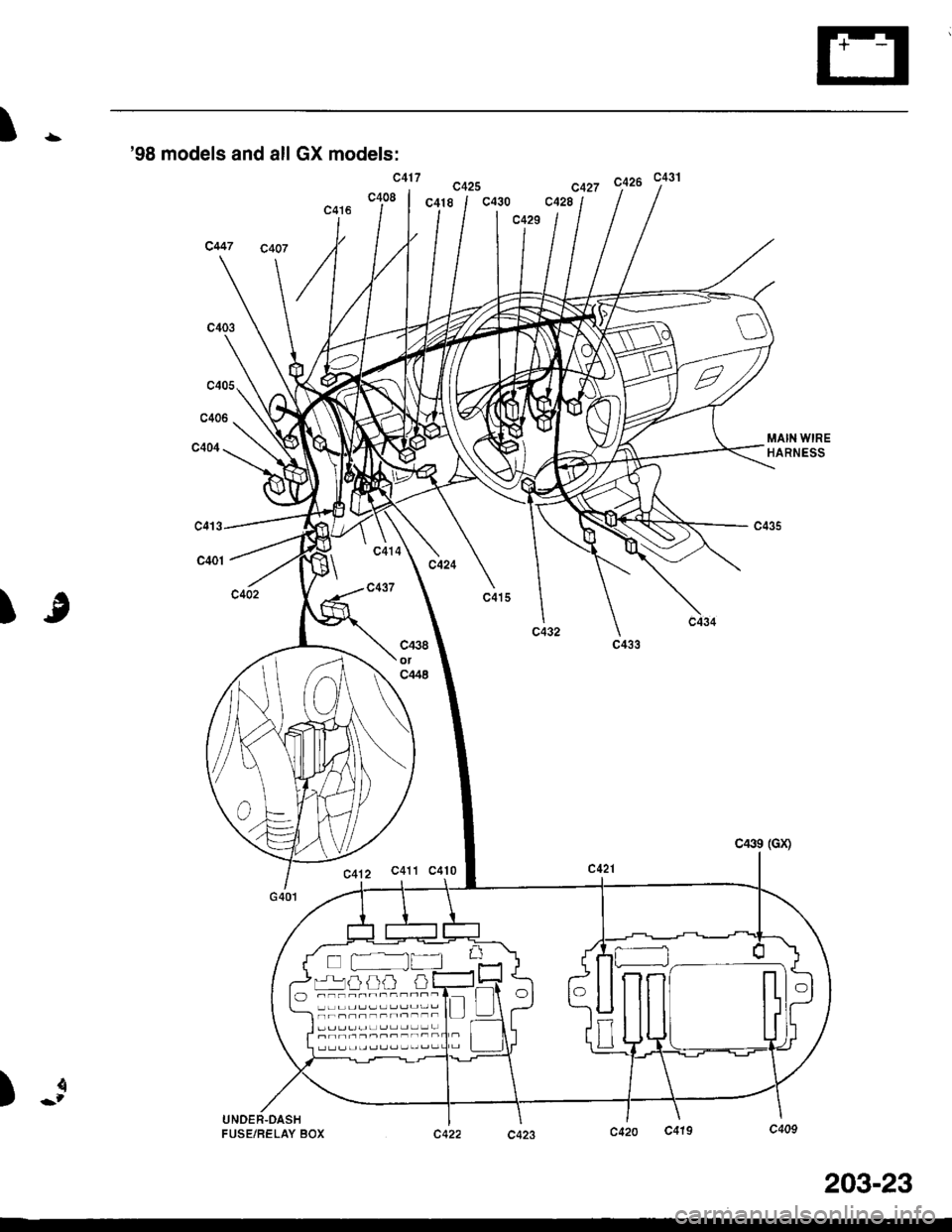 HONDA CIVIC 2000 6.G Workshop Manual t98 models and all GX models:
c408
c417
c418
C412 C411 C4l0
c425
MAIN WIREHARNESS
c413
c401
)e
c438OTc448
c439 (Gx)
c421
)-j
UNOER-DASHFUSE/BELAY BOX
o -----nn-----
203-23 HONDA CIVIC 2000 6.G Workshop Manual t98 models and all GX models:
c408
c417
c418
C412 C411 C4l0
c425
MAIN WIREHARNESS
c413
c401
)e
c438OTc448
c439 (Gx)
c421
)-j
UNOER-DASHFUSE/BELAY BOX
o -----nn-----
203-23