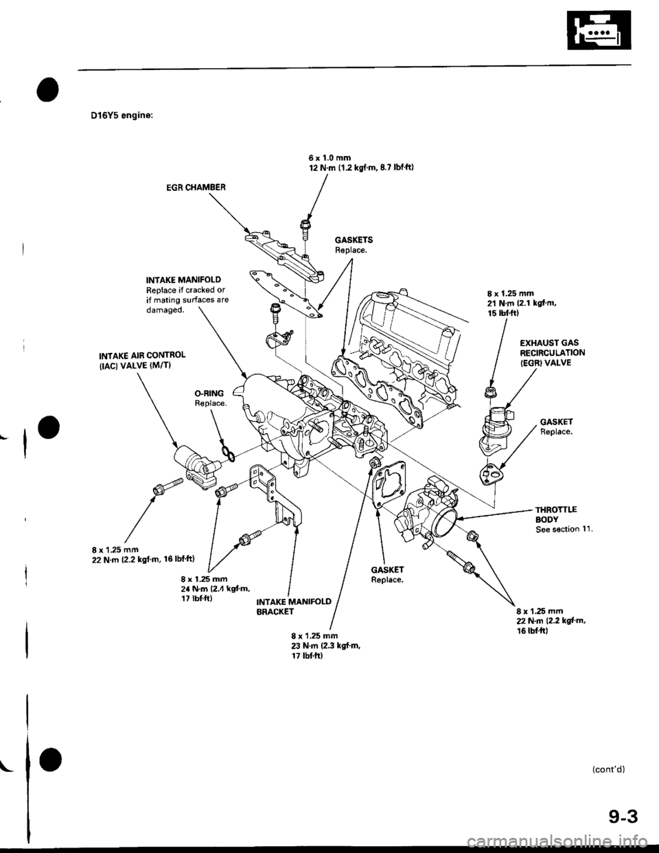 HONDA CIVIC 1999 6.G Workshop Manual D16Y5 engine:
6x1.0mm12 Nm (1.2 kgl.m,8.? lbfft)
EGR CHAMBER
INIAKE MANIFOLDReplace if cracked orif mating surfaces are8 x 1.25 mm21 N m (2.1 kgf.m,15 tbtft)damageo,
INTAKE AIB CONTROL(IAC) VALVE (M