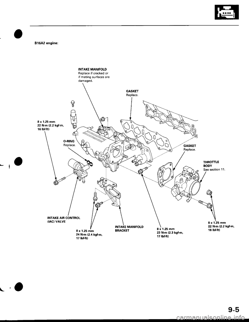 HONDA CIVIC 1997 6.G Owners Guide 816A2 engine:
INTAKE MANIFOLDReplace if cracked orif mating surfaces areoamageo,
8 x 1.25 mm22 N.rA 12.2 kgl.trr,16 tbtftt
o
t_-lUH
E
INTAKE AIR CONTROLIIACI VALVE
8 x 1.25 mm24 N.m 12.4 kgf.m,17 tbtf HONDA CIVIC 1997 6.G Owners Guide 816A2 engine:
INTAKE MANIFOLDReplace if cracked orif mating surfaces areoamageo,
8 x 1.25 mm22 N.rA 12.2 kgl.trr,16 tbtftt
o
t_-lUH
E
INTAKE AIR CONTROLIIACI VALVE
8 x 1.25 mm24 N.m 12.4 kgf.m,17 tbtf