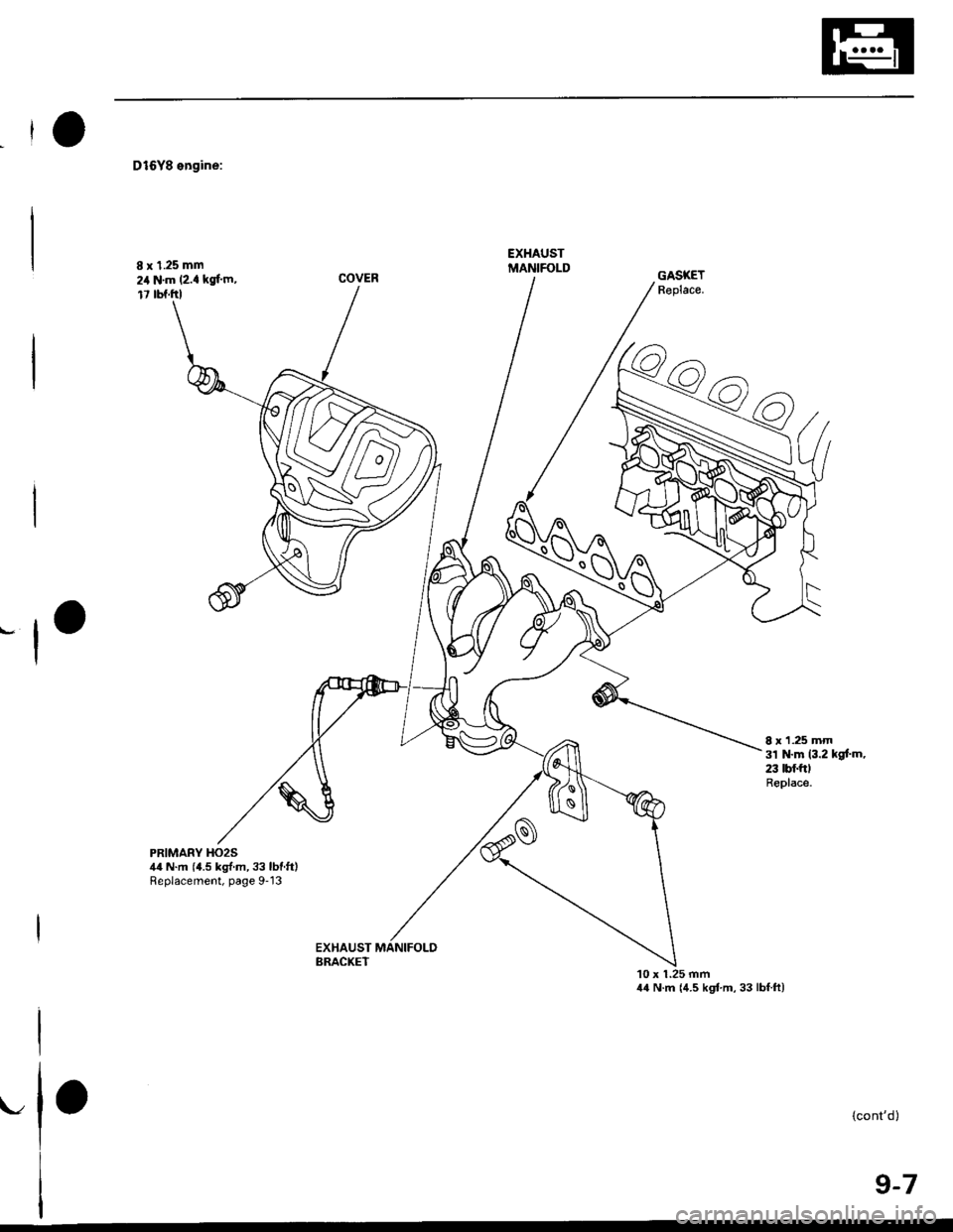 HONDA CIVIC 2000 6.G Workshop Manual D15Y8 engine:
8 x 1.25 mm2,1 N.m (2.a kgfm,
17 tbf.ftl
GASKETReplace.
8 x 1.25 mm31 N.m 13.2 kgfm,23 lbf.ftlReplace.
PRIMARY HO2S44 N.m (4.5 kgf.m, 33 lbtft)Replacement, page 9-13
EXHAUST MANIFOLDBR
