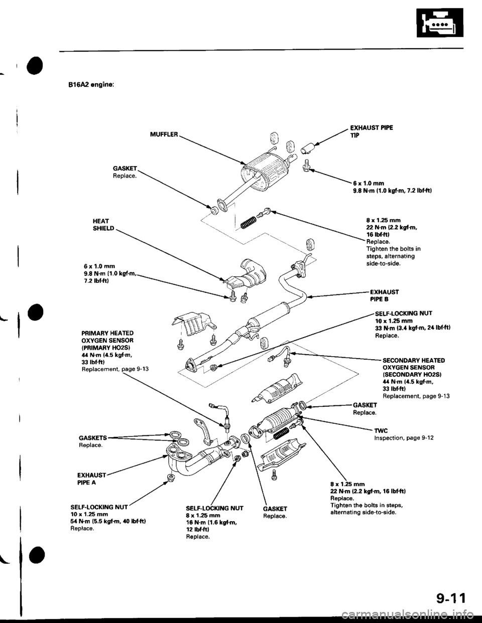 HONDA CIVIC 2000 6.G Workshop Manual 816A2 engino:
MUFFLER_.,. EXHAUST PIPE
-/- tlP
g
\6r1.omm
9.8 N m 11.0 kgfm, 7.2 lblttl
GASKETReplace.
8 x 1.25 mm2. Nm 12.2 kgl-m,t6 tbtf0Replace.Tighten the bolts insteps, alternatrngside-to-side