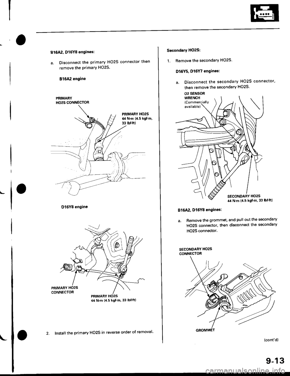 HONDA CIVIC 1996 6.G Workshop Manual Bt6A2, Dl6Y8 engines:
a. Disconnect the primary HO2S connector then
remove the primary HO2S.
816A2 engine
D16Y8 engine
PRIMARYH02S CONNECTOR
PRIMARY HO2S44 N.m {4.5 kgtm.33 lbfft)
L
2. Install the p