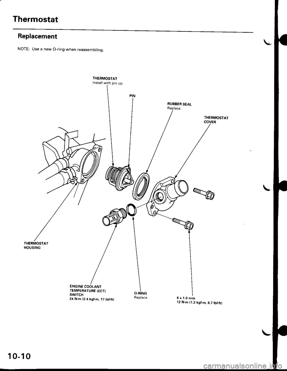 HONDA CIVIC 1998 6.G Workshop Manual Thermostat
Replacement
THERMOSTATHOUSING
NOTE: Use a new O-ring when reassemblinq.
THERMOSTATInstall with pin up.
ENGINE COOLANTTEMPERATURE {ECT)swtTcH24 N.m {2.4 kgf.m, t7 tbf.ft)
THERMOSTAT
6x1.0mm1 HONDA CIVIC 1998 6.G Workshop Manual Thermostat
Replacement
THERMOSTATHOUSING
NOTE: Use a new O-ring when reassemblinq.
THERMOSTATInstall with pin up.
ENGINE COOLANTTEMPERATURE {ECT)swtTcH24 N.m {2.4 kgf.m, t7 tbf.ft)
THERMOSTAT
6x1.0mm1
