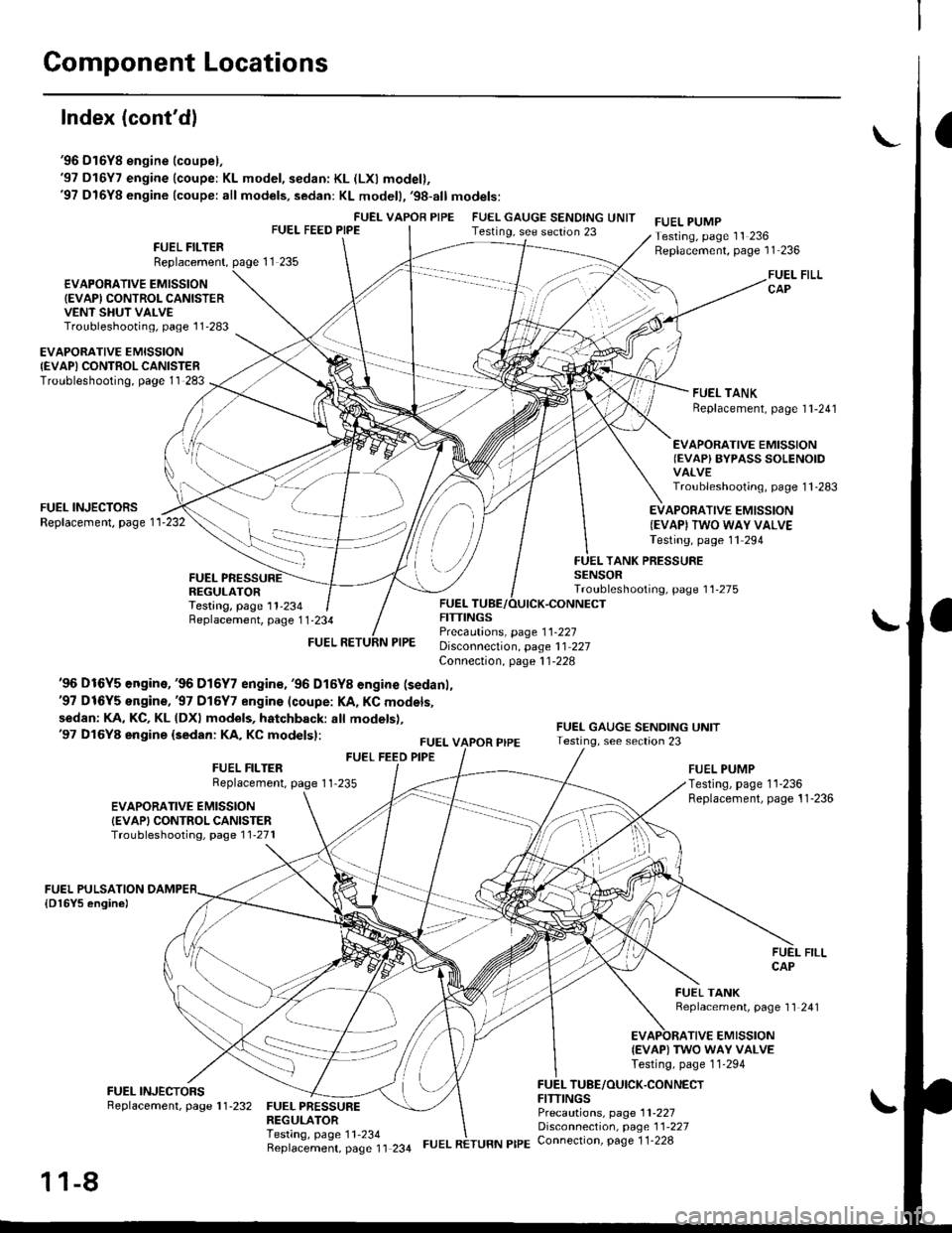 HONDA CIVIC 1997 6.G Service Manual Component Locations
Index (contdl
96 D16Y8 engine (coupel,97 D16Y7 engine (coupe: KL model, sedan: KL (LXl model),97 D16Y8 engine (coupe: all models, sedan: KL modell,98-all models:
FUEI- VAPOR P