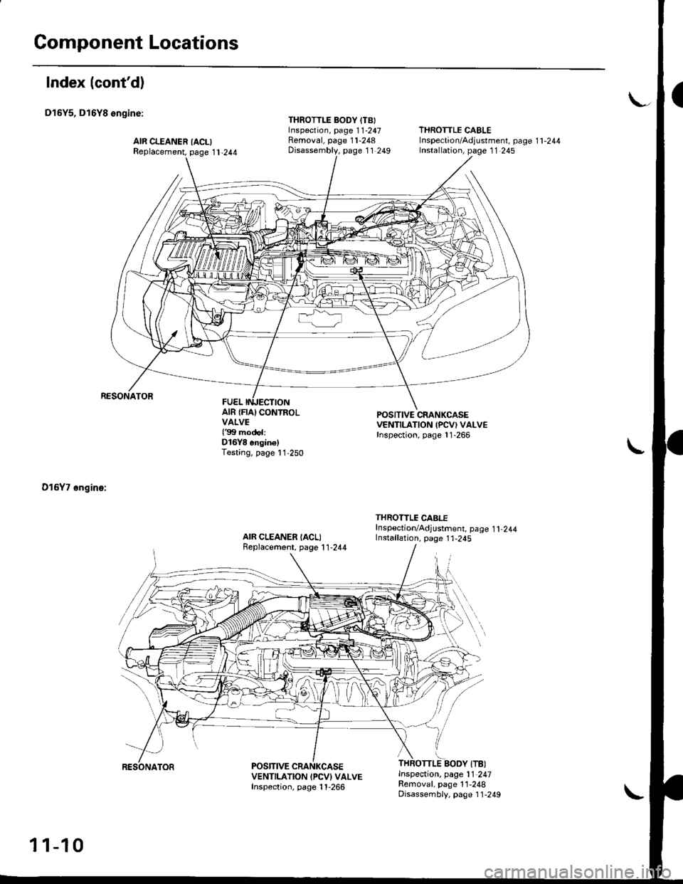 HONDA CIVIC 1999 6.G Workshop Manual Component Locations
Index (contd)
D16Y5, D16Y8 ongine:
RESONATOR
D16Y7 6ngin€:
AIR CLEANER IACLIReplacement, page 11-244
THROTTLE BODY (TBIInspection, page 1 1-247Removal, page 11-248Disassembly, p