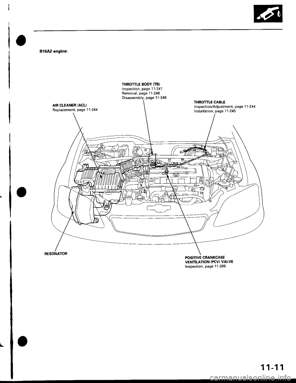 HONDA CIVIC 1999 6.G Workshop Manual \-
816A2 engine:
AIR CLEANER (ACLI
Replacement, Page 11-244
THROTTLE BODY {T8)Inspection. page 11-247Removal, page 1 1-248
Disassembly, page 1 1-249THROTTLE CABLElnspection/Adiustment, page 1 1 -244
