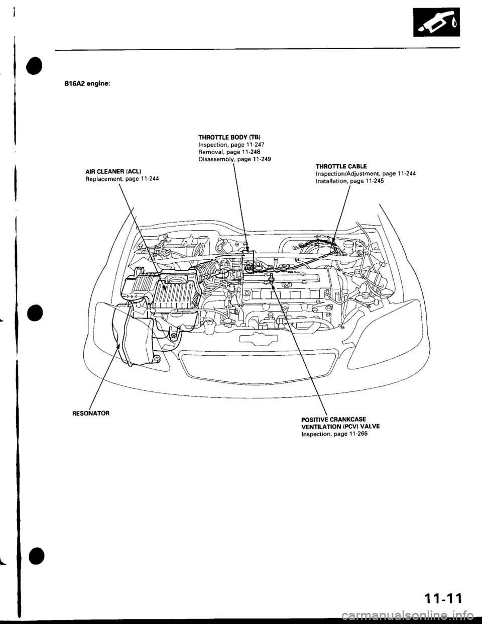 HONDA CIVIC 1998 6.G Workshop Manual \-
816A2 engine:
AIR CLEANER (ACLI
Replacement, Page 11-244
THROTTLE BODY {T8)Inspection. page 11-247Removal, page 1 1-248
Disassembly, page 1 1-249THROTTLE CABLElnspection/Adiustment, page 1 1 -244
HONDA CIVIC 1998 6.G Workshop Manual \-
816A2 engine:
AIR CLEANER (ACLI
Replacement, Page 11-244
THROTTLE BODY {T8)Inspection. page 11-247Removal, page 1 1-248
Disassembly, page 1 1-249THROTTLE CABLElnspection/Adiustment, page 1 1 -244
