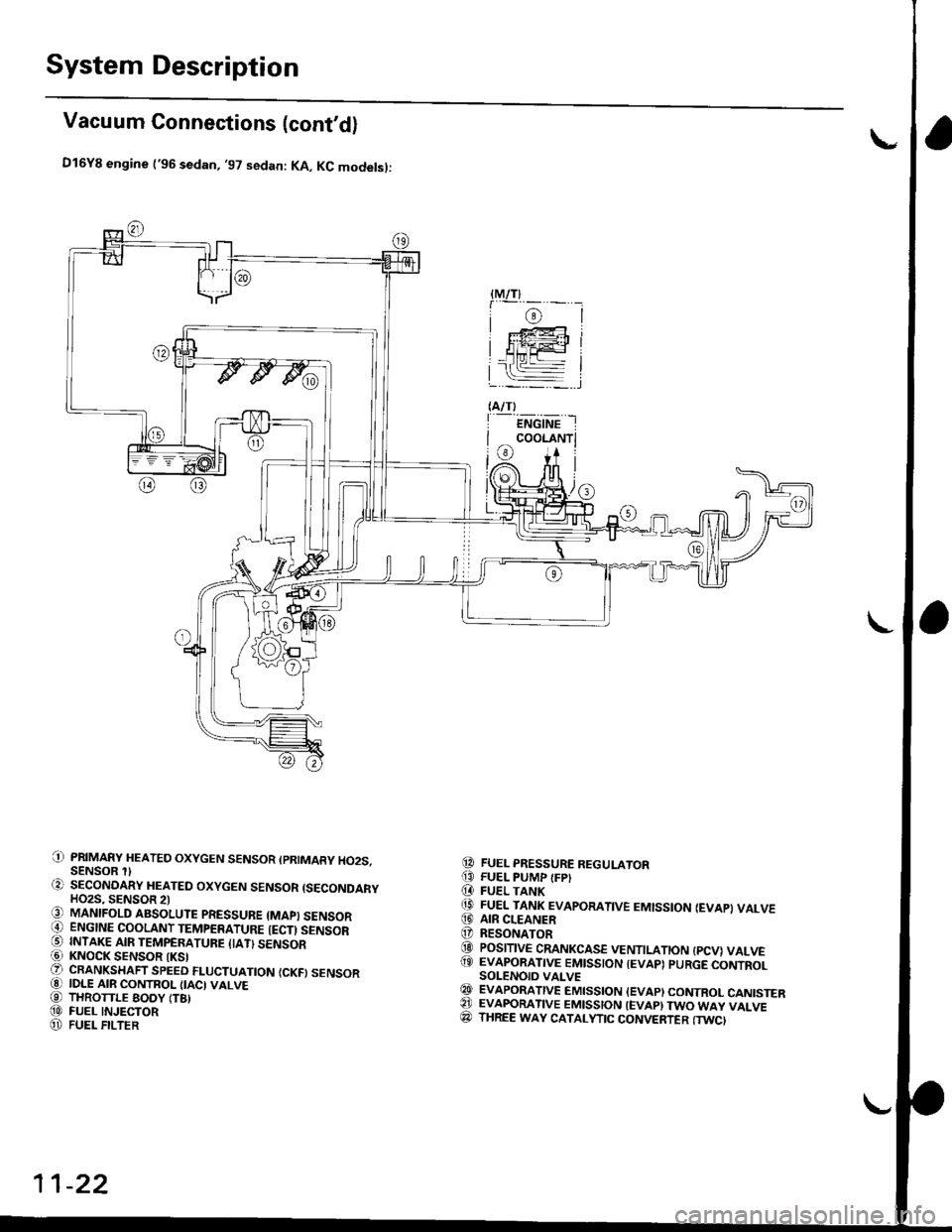 HONDA CIVIC 1997 6.G Service Manual System Description
Vacuum Connections (contd)
D16Y8 engine (96 sedan, 97 sedan: KA, KC modelsl:
PRIMARY HEATED OXYGEN SENSOR (PRIMARY HO2S.SENSOR SECONOARY HEATED OXYGEN SENSOR {SECONDARYHO2S, SEN HONDA CIVIC 1997 6.G Service Manual System Description
Vacuum Connections (contd)
D16Y8 engine (96 sedan, 97 sedan: KA, KC modelsl:
PRIMARY HEATED OXYGEN SENSOR (PRIMARY HO2S.SENSOR SECONOARY HEATED OXYGEN SENSOR {SECONDARYHO2S, SEN