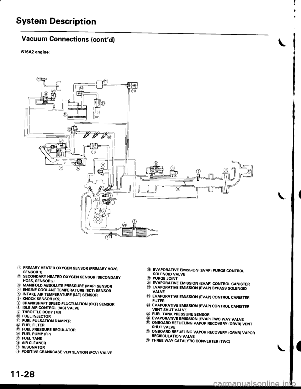 HONDA CIVIC 1997 6.G Workshop Manual I
a
System Description
Vacuum Connections (contd)
816A2 engine:
@ EvApoRATtvE EMtsstoN tEvAp) puRGE coNTRoLSOLENOID VALVE@ PURGE JoINT€t EvApoRATtvE EMtsstoN (EVApt coNTRoL caNtsTERQA EVAPORATIVE E